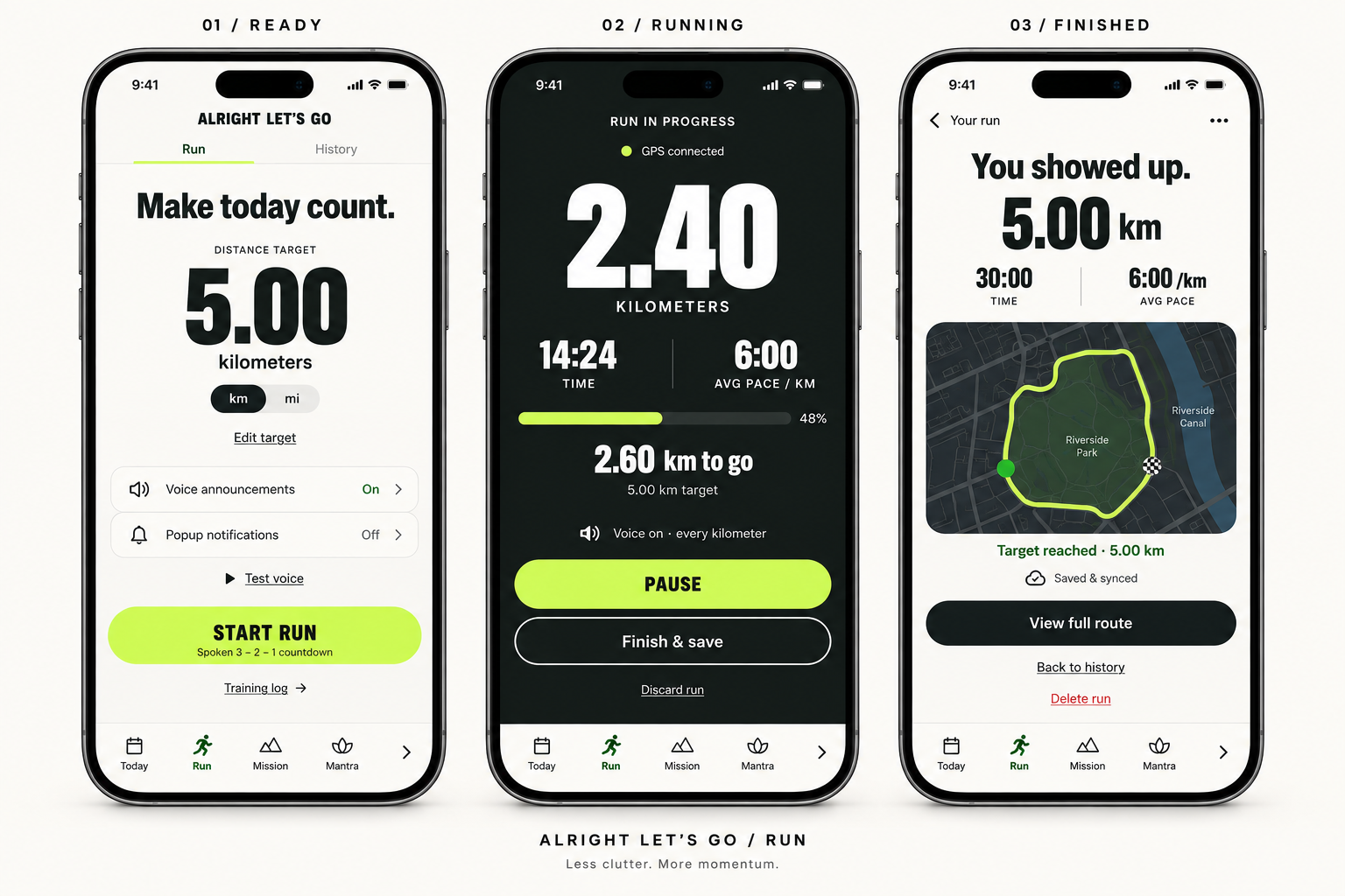 Three Alright, Let's Go run previews: choose a distance target, track an active run, and review a completed route.